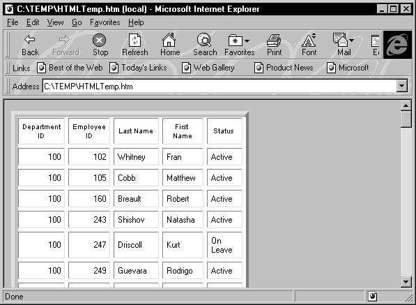 The sample is a standard Internet Explorer browser page with a custom table holding five columns of data. The spacing set between cells creates a grid of bars rather than single lines around the data cells.