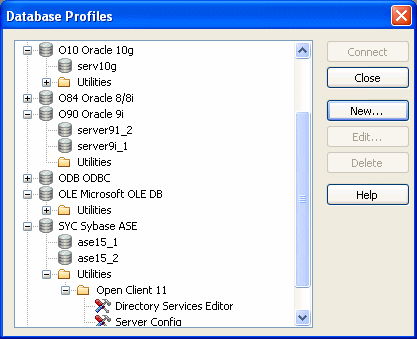 The sample shows the Database Profiles dialog box. It displays a tree view of Installed Database Interfaces such as D R Direct Connect and J D B J D B C. The O D B O D B C entry is expanded to show its contents, which includes A S A, E A S Demo D B V 9, E A S Demo D B V 9 I M, and a Utilities folder.