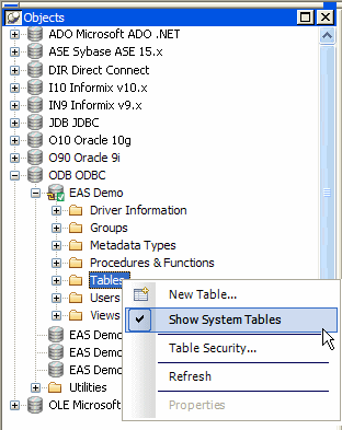 The sample displays Installed Database Interfaces in tree format. The entry for S Y C  Sybase A S E is expanded to show the A S E entry with the Tables folder highlighted. A pop up menu shows the items New Table, Show System Tables, which has a checkmark, Table Security, Refresh, and Properties, which is grayed.