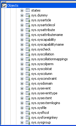The sample displays the DBMS system tables in the tables list. Each system table name starts with the prefix s y s, as in s y s alternates and s y s attributes.