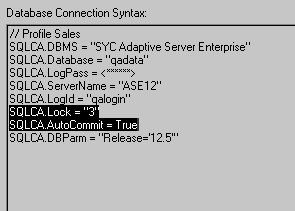 The sample shows the Preview tab page of the Database Profile Setup - Adaptive Server Enterprise displaying  Database Connection Syntax. Highlighted in the sample syntax are the lines Sequel C A dot Lock = " 3 " and Sequel C A dot Auto Commit = True.