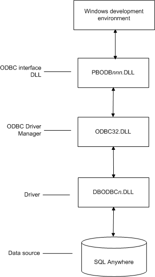 The figure shows the components of an Adaptive Server Anywhere connection. At top is the Windows development environment, which is connected to the ODBC interface D L L labeled P B O D B n 0 dot D L L. This in turn is connected to the ODBC Driver Manager ODBC 32 dot D L L, which is connected to the driver D B ODBC n dot D L L. The driver is connected to the Adaptive Server Anywhere data source.