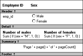 The sample’s header band displays Employee I D and Sex. The Detail band has emp _ i d and radio buttons for Male and Female. The Summary band displays Number of males and under it the expression Sum ( If ( sex = " M ", 1 , 0 ) ) and Number of females and under it the expression Sum ( If ( sex = " F ", 1 , 0 ) ). The Footer displays ’ Page " + page (  ) + ’ of ’ + page Count ( ).