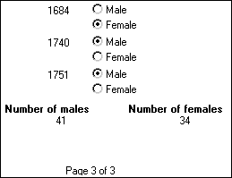 The sample Data Window object displays three employee i d numbers. Next to each are two radio buttons selected for either Male or Female. At the end of the employee data, the text Number of males is displayed, and next to it, Number of females. Under the text are totals for males and females. The footer displays the text Page 3 of 3.