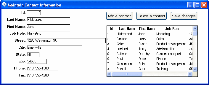 Shown is a report titled Maintain Contact Information.  At its left is a form with text fields for displaying and editing or entering ID, Last and First Name, Job Role, and so forth. At top right are buttons labeled Add a contact, Delete a contact, and Save changes. Under them is a scrollable grid of entries with a row of data for each entry that maps to the fields in the form on the left. 