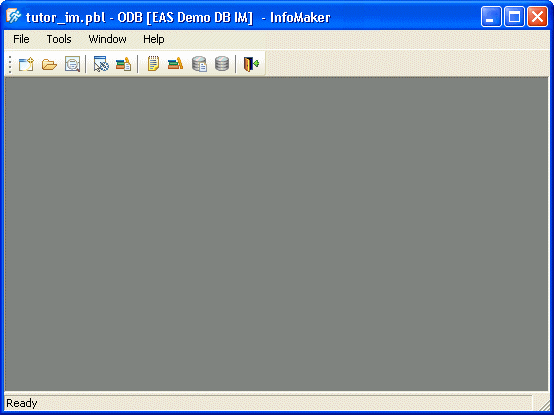 Shown is the initial Info Maker screen with menu options for File, Tools, Window, and Help, and then the PowerBar across the top with buttons for creating new objects and accessing existing objects.