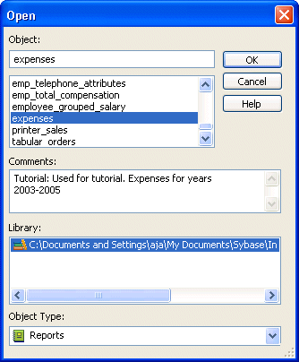 Shown is the Open dialog box. Near the bottom is a display labeled Library with the library tutor _ i m _ pibble highlighted. At top is a text box labeled Object with the entry expenses. Below it is a list of the objects in the selected library, with the expenses object highlighted. Next is a Comments area. Below the Library list is a drop down labeled Object Type with Reports selected.