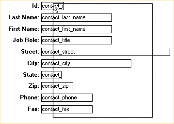 Shown is the Layout view for the contact _ maintenance form, with labeled fields for ID, Last Name, First Name, and so on. At bottom right is a large black dot that forms  the right bottom corner of a large rectangle superimposed on all the fields. 
