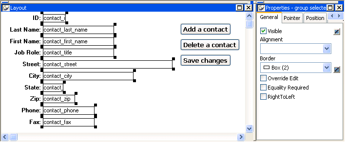 Shown is a form with a series of labeled text fields for items such as ID, Last Name, First Name, and Job Role. Within the fields, the names of the objects such as contact _ last _ name are displayed where the actual data will appear. The box around every object has black boxes at its corners to show that it has been selected.