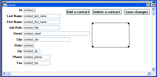 Shown is the Layout view of the contact _ maintenance  form with a series of labeled text fields at left for items such as ID, Last Name, First Name, and Job Role.  Across the top right side are buttons labeled Add a contact, Delete a contact, and Save changes. Under them are four dots forming the corners of a large box that is circled.