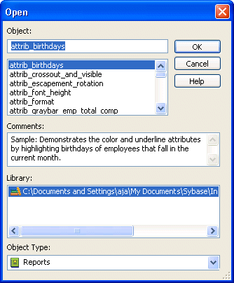 Shown is the Open dialog box. At top is a Data Windows field displaying the name of the report attrib _ birthdays, which is selected from a drop down list of reports below it. Next is a Comments field and then a Library field that shows the path to the selected library, tutor _ i m dot pibble.