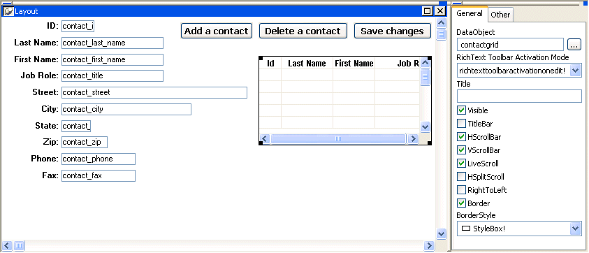 Shown are the Layout and Properties views for the contact _ maintenance form. Part of the contact grid report displays on the right side of the form in the layout view. It has columns labeled ID and Last Name, and vertical and horizontal scroll bars. On the far right side of the screen, in the Properties view on the General tab page, the check boxes for H Scroll Bar, V Scroll Bar, and Border  are checked, and a Border Style drop down shows the entry Style Box !.