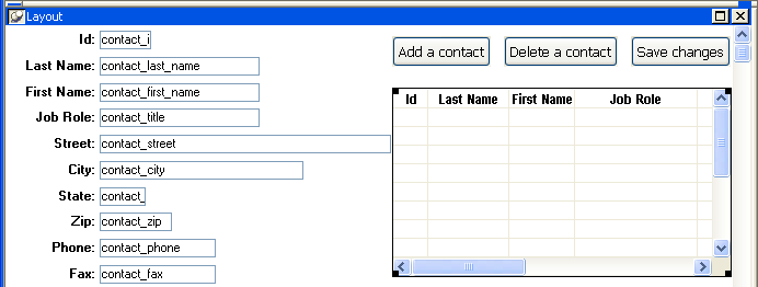 Shown is the Layout view for the contact _ maintenance form. An expanded contact grid report displays on the right side of the form. It has columns labeled ID, Last Name, First Name, and Job Role, and vertical and horizontal scroll bars.