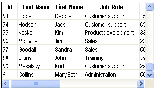 Shown is is a scrollable table of contacts. Visible are columns of data labeled ID, Last Name, First Name, and Job Role. The vertical scroll bar is positioned at the bottom, and the last row of data is for an ID of 60.