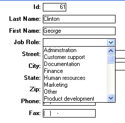 Shown is the Maintain Contact Information form. The Job Role drop down list box is displayed, and the Marketing entry is highlighted.