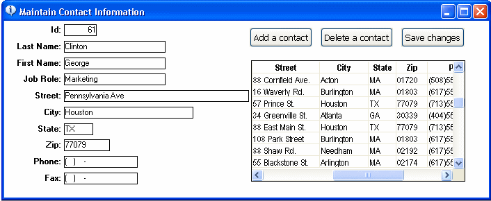 Shown is the Maintain Contact Information form with a rectangle around the Zip field. At right, in the report, a rectangle appears around a row with an address for Atlanta, Georgia. The same zip code for Atlanta is entered in the Zip field of the form.