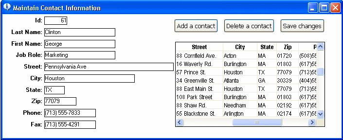 Shown is a completed Maintain Contact Information form showing the entries made in the tutorial steps that precede this illustration.