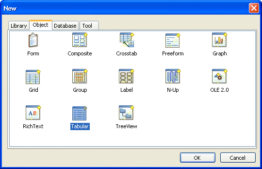 Shown is the Object tab page of the New dialog box with labeled icons for Form, Composite, Cross tab, Free form, Graph, Grid, Group, Label, N Up, OLE 2 dot 0, Rich Text, and Tabular. Tabular is circeld.