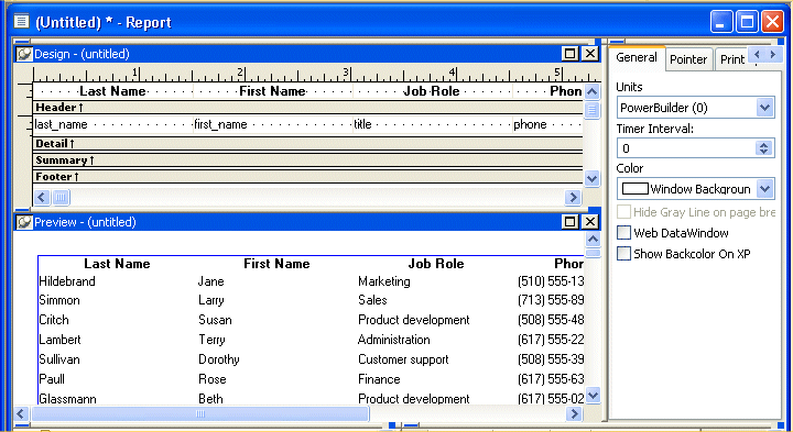 Shown is the Report painter screen. At top are Header and Detail bands showing the selections for the report and a Preview view showing columns of data titled Last Name, First Name, and Job Role.