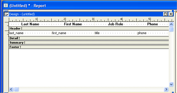 Shown is the  Design view. The text for the column headers is displayed across the top in the Header band, including Last Name, First Name, and so on. Next is the Detail band, where the names of the columns appear in the positions where the data values will be displayed. Below this are unexpanded Summary and Footer bands.