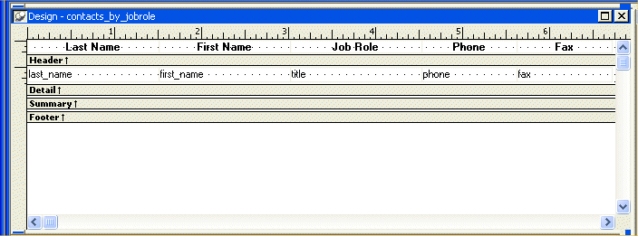 Shown is the Design view. Across the top is a ruler, and a grid of dots appears in the Header and Detail bands below it. Vertical lines mark off the edges of the controls.