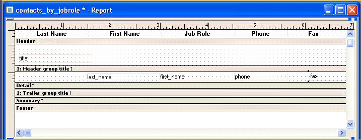 Shown is the  Design view for contacts _ by _ job role.  The text for the column headers is displayed across the top in the Header band in the order Last Name, First Name, Phone, and Fax. Next is the Header group title with a rectangle at left labeled title, then the Detail band with the columns last _ name, first _ name, phone, and fax in the positions where the data values will be displayed. Below this are unexpanded bands for Trailer group title, Summary, and Footer.