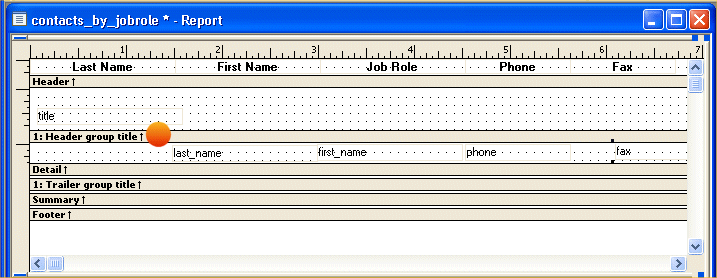 Shown is the  Design view for contacts _ by _ job role.  The text for the column headers is displayed across the top in the Header band. Below them is the Header group title band with a large black dot left of center. 