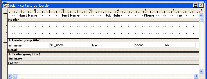 Shown is the  Design view for contacts _ by _ job role.  The text for the column headers is displayed across the top in the Header band. Below them is the Header group title band, which has been expanded to show a grid of five rows of dots.