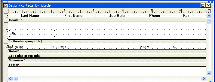 Shown is the  Design view for contacts _ by _ job role.  The text for the column headers is displayed across the top in the Header band. Below them is the Header group title band, which has been expanded to show a grid of five rows of dots. A rectangle at the left of the grid surrounds the word title.