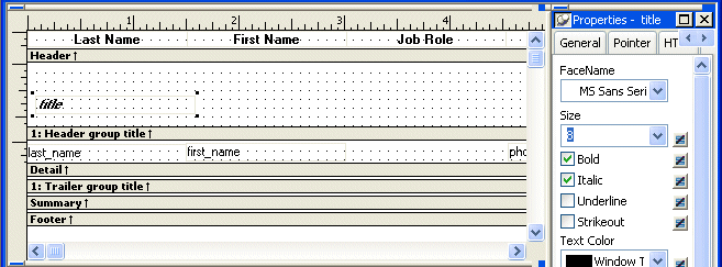 Shown is the  Design view for contacts _ by _ job role.  The text for the column headers is displayed across the top in the Header band. Below them is the Header group title band, which has been expanded to show a grid of five rows of dots. A rectangle at the left of the grid surrounds the word title, which displays in bold and italic type.