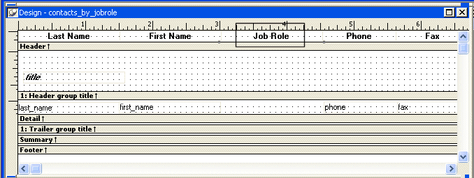 Shown is the  Design view for contacts _ by _ job role.  The text for the column headers is displayed across the top in the Header band. The Job Role text box is circled.
