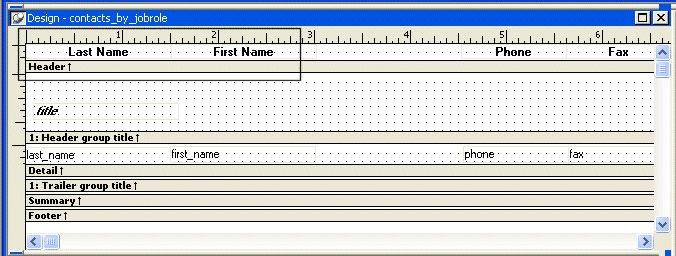 Shown is the  Design view for contacts _ by _ job role.  The text for the column headers is displayed across the top in the Header band. The Last Name and First Name text boxes are circled. Next to them is the blank area where Job Role had been, and then Phone and Fax.