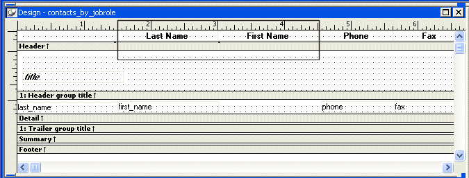 Shown is the Design view for contacts _ by _ job role.  The text for the column headers is displayed across the top in the Header band. The Last Name and First Name text boxes have shifted to the right, next to Phone and Fax.