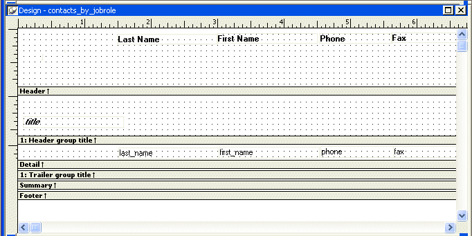 Shown is the  Design view for contacts _ by _ job role.  The text for the column headers is displayed across the top in the Header band, which has been expanded to show a grid of about ten rows of dots.