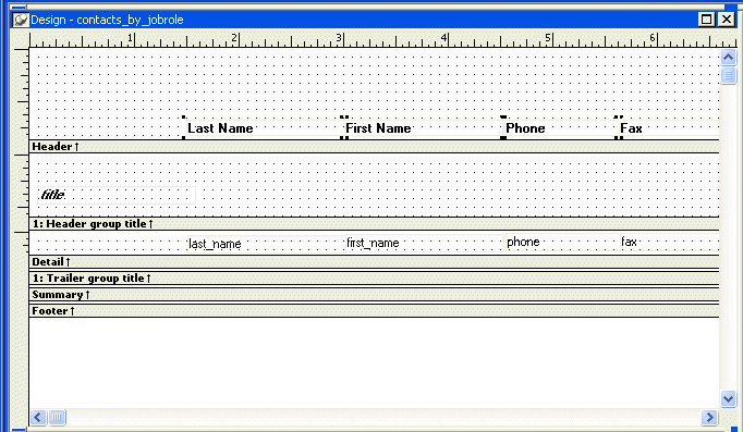 Shown is the  Design view for contacts _ by _ job role.  The text for the column headers is now displayed across the bottom of the Header band, which has been expanded to show a grid of about ten rows of dots.