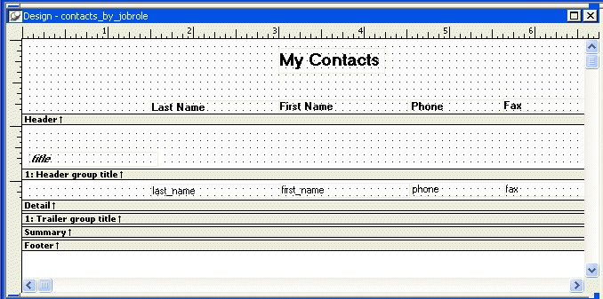 Shown is the  Design view for contacts _ by _ job role.  The text for the column headers is displayed across the bottom of the Header band. Above the First Name header, a rectangle with the title My Contacts is displayed in 14 point type.