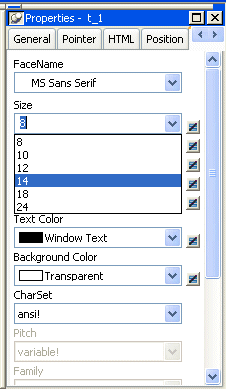 Shown is the Font tab page of the Properties view. At top is the Face Name drop down with M S Sans Serif selected. Next is the Size drop down with size 14 selected.