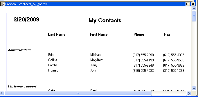 Shown is the Preview view of the report. At top left is the date 2 / 11/ 99 and at center is the title My Contacts.