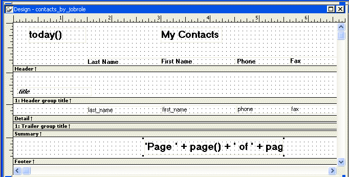 Shown is the  Design view for contacts _ by _ job role.  The Footer band has been expanded and it contains the computed filed ’ Page ’ + page ( )  + ’  of ’ _ page Count ( ) .