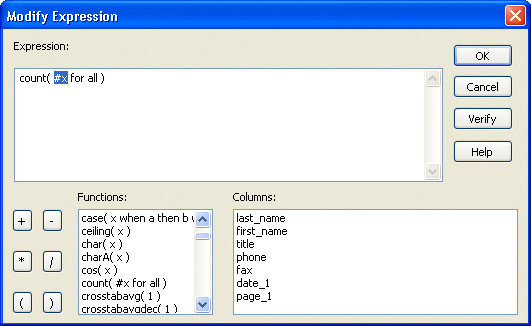 Shown is the Modify Expression dialog box with an Expression box at top that displays the expression count ( # x for all ). Below it are boxes listing Functions and Columns.