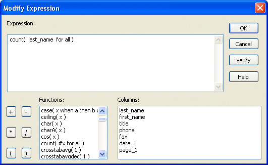 Shown is the Modify Expression dialog box with the Expression box at top displaying the expression count ( last _ name for all ). 
