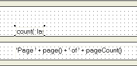 Shown is a section of the Footer band from the bottom of the Design view and above it is the grid of the Summary band. The computed field count ( last _ name for all ) is partially visible in the Summary band where the large black dot was positioned earlier in the lesson.