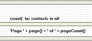 Shown is a section of the Footer band from the bottom of the Design view and above it is the grid of the Summary band. The computed field count ( last _ name for all ) is partially visible in the Summary band and to its right is the text " contacts in all ".