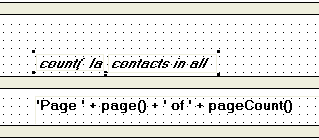 Shown is a section of the Footer band from the bottom of the Design view and above it is the grid of the Summary band. The computed field count ( last _ name for all ) is partially visible in the Summary band and the text contacts in all appears to its right. Both are in 10 point bold and italic type.