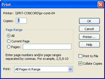 Shown is the Windows Print dialog box. It displays the selected printer, number of copies, page range, and which  pages in the range to print. At right are a cleared check box for print to file and a selected check box labeled Collated.