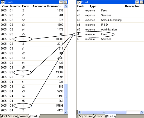 Shown are two tables that store financial data. The  fin _ data table at left has a column labeled Code with two entries of r 1 that are circled and point to the fin _ code table shown at right. In the fin _ code table the row for code r 1 is circled. It has three rows, with r 1 as the code, revenue as the type, and Fees as the description.