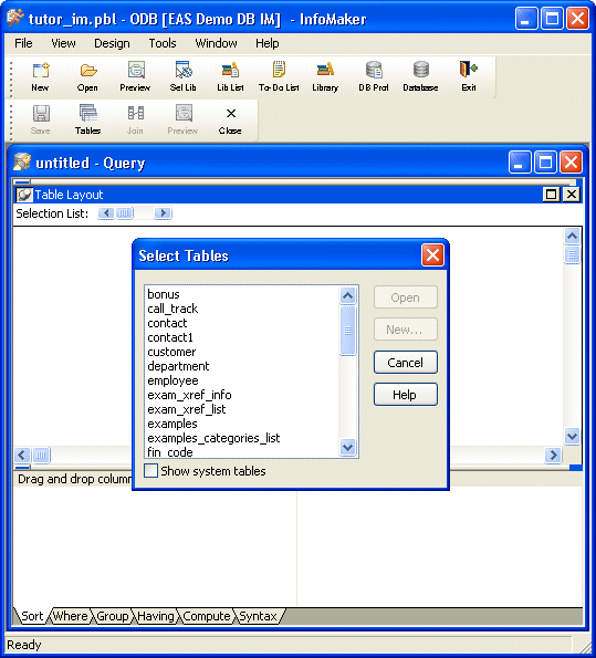 Shown is the Select Tables dialog box with a scrollable list of tables.
