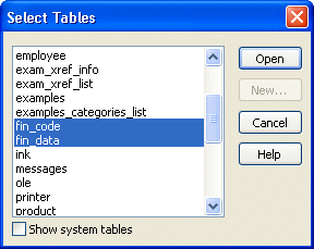 Shown is the Select Tables dialog box with a scrollable list of tables. The fin _ code and fin _ data tables are highlighted.
