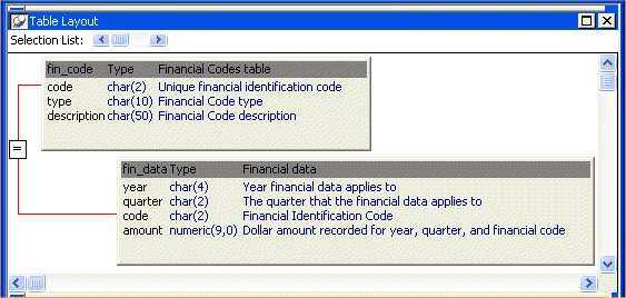 Shown are the fin _ code and fin _ data tables. Fin _ code has columns named code, type, and description. A line with an equal sign connects the code column in fin _ code to the code column in the fin _ data table. Fin _ data also has columns for year, quarter, and amount.