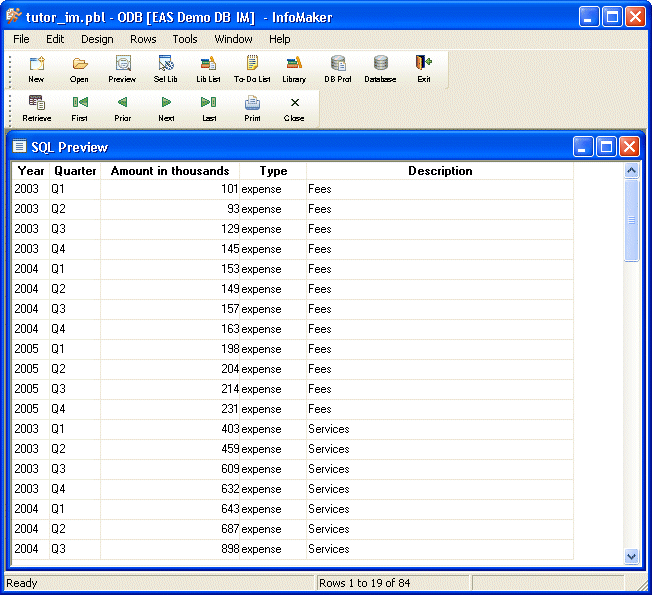 Shown is a Sequel Preview of the query with rows of data displayed in the five columns that were selected. The columns are labeled Year, Quarter, Amount in thousands, Type, and Description.